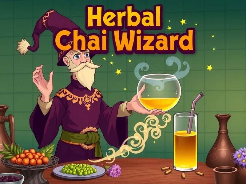Herbal Chai Wizard main game screen showing a wizard brewing chai